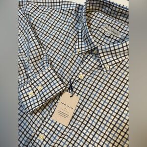 Peter Millar Men's 2XL Plaid Blue White Black Button Long Sleeve Dress Shirt NEW